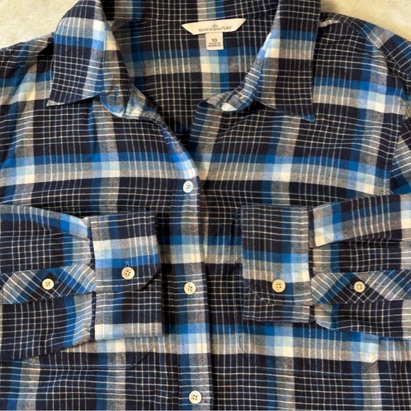 3/$25 L.L. Bean Flannel Shirt Size 10 Blue Plaid Button Long Sleeve Pockets - Picture 2 of 5